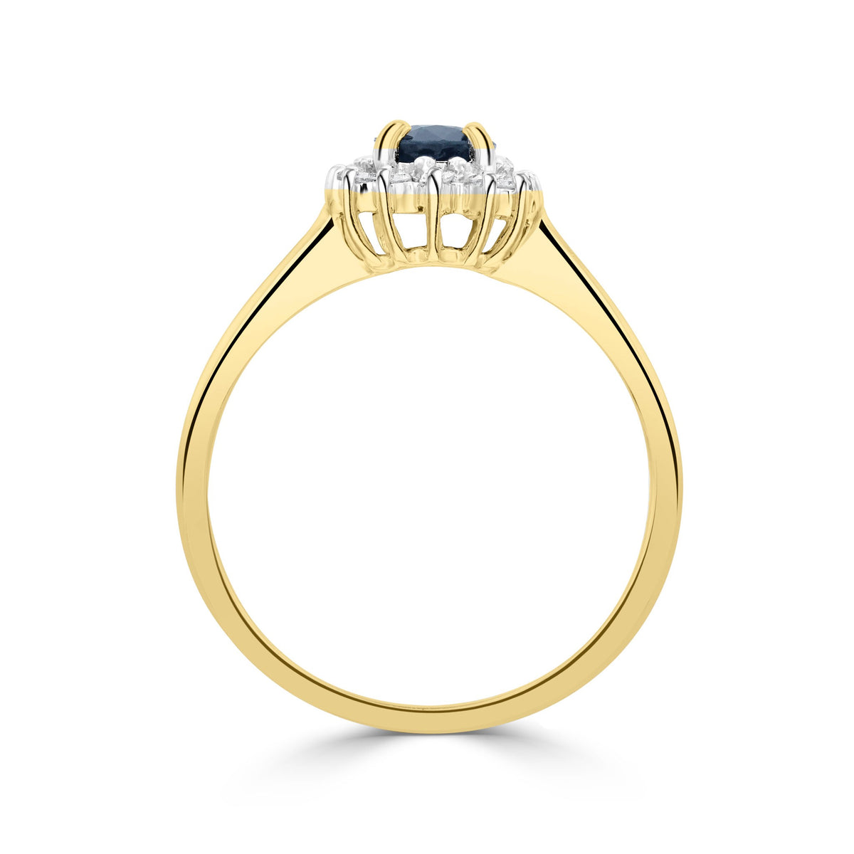 9CT YG 7X5 OVAL SAPPHIRE & DIAMOND CLAW SET CLUSTER RING. RHODIUM TO DIAMONDS