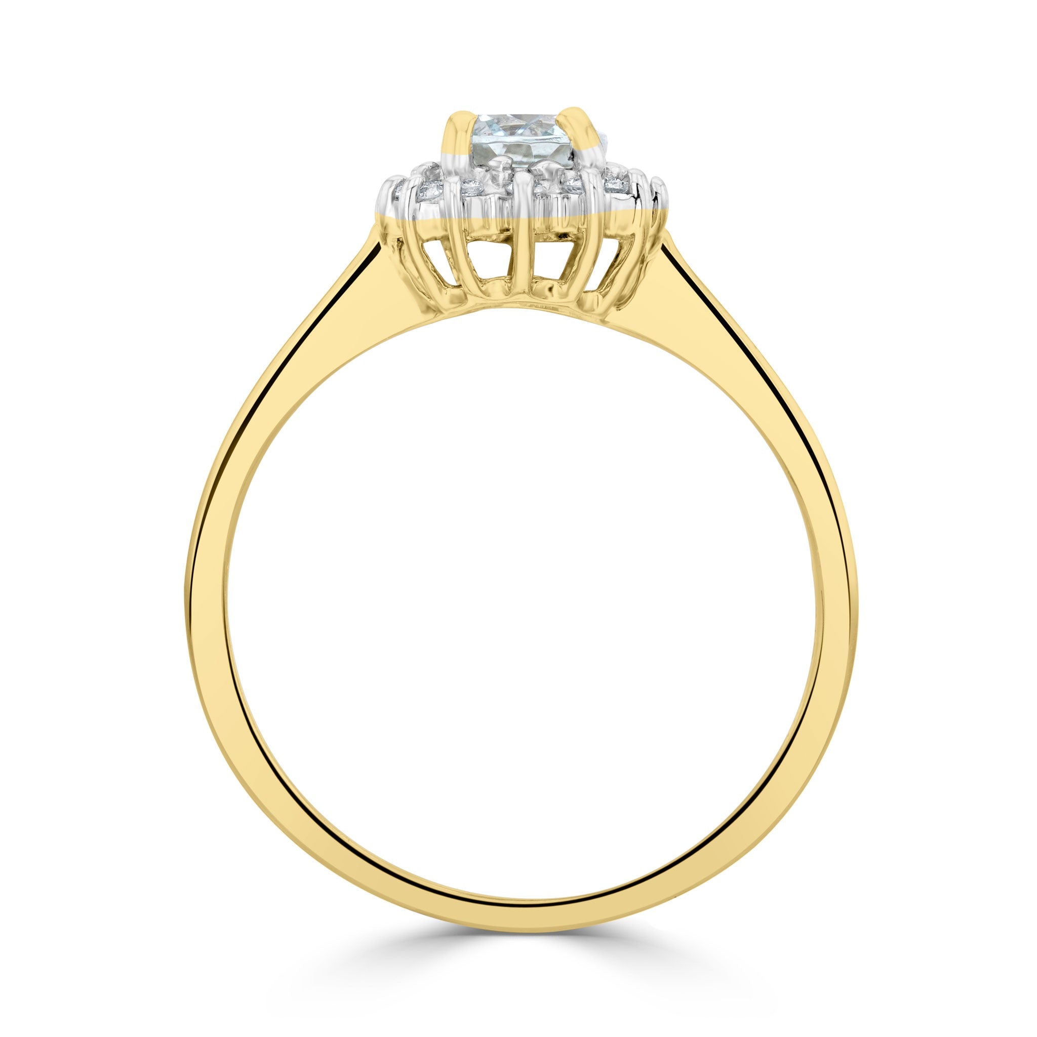 9CT WG 6X4 OVAL AQUA & DIAMOND TREFOIL SHOULDERS CLAW SET RING
