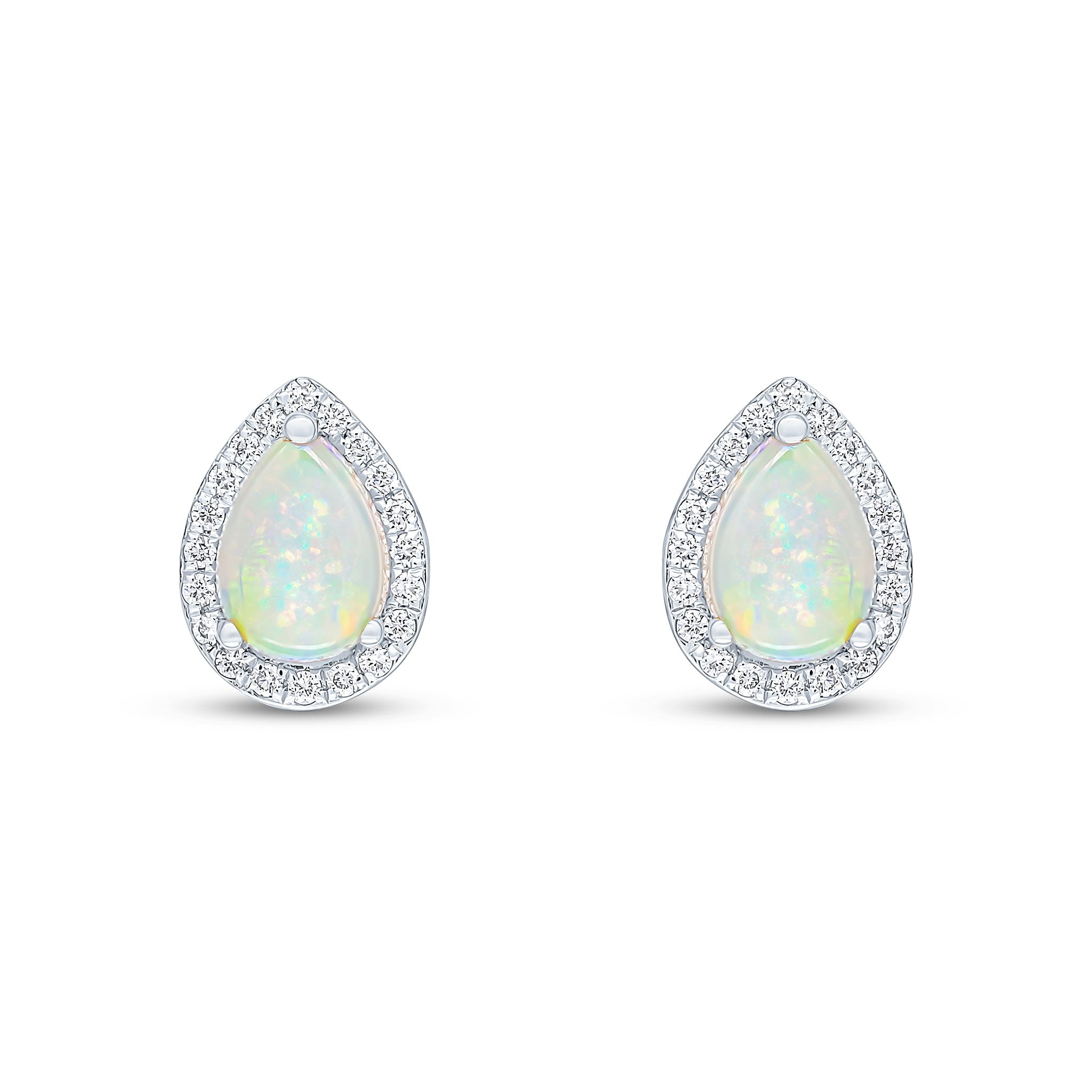 18CT WG CLAW SET 7X5 PEARSHAPE OPAL AND GRAIN SET ROUND DIAMOND CLUSTER EARRINGS