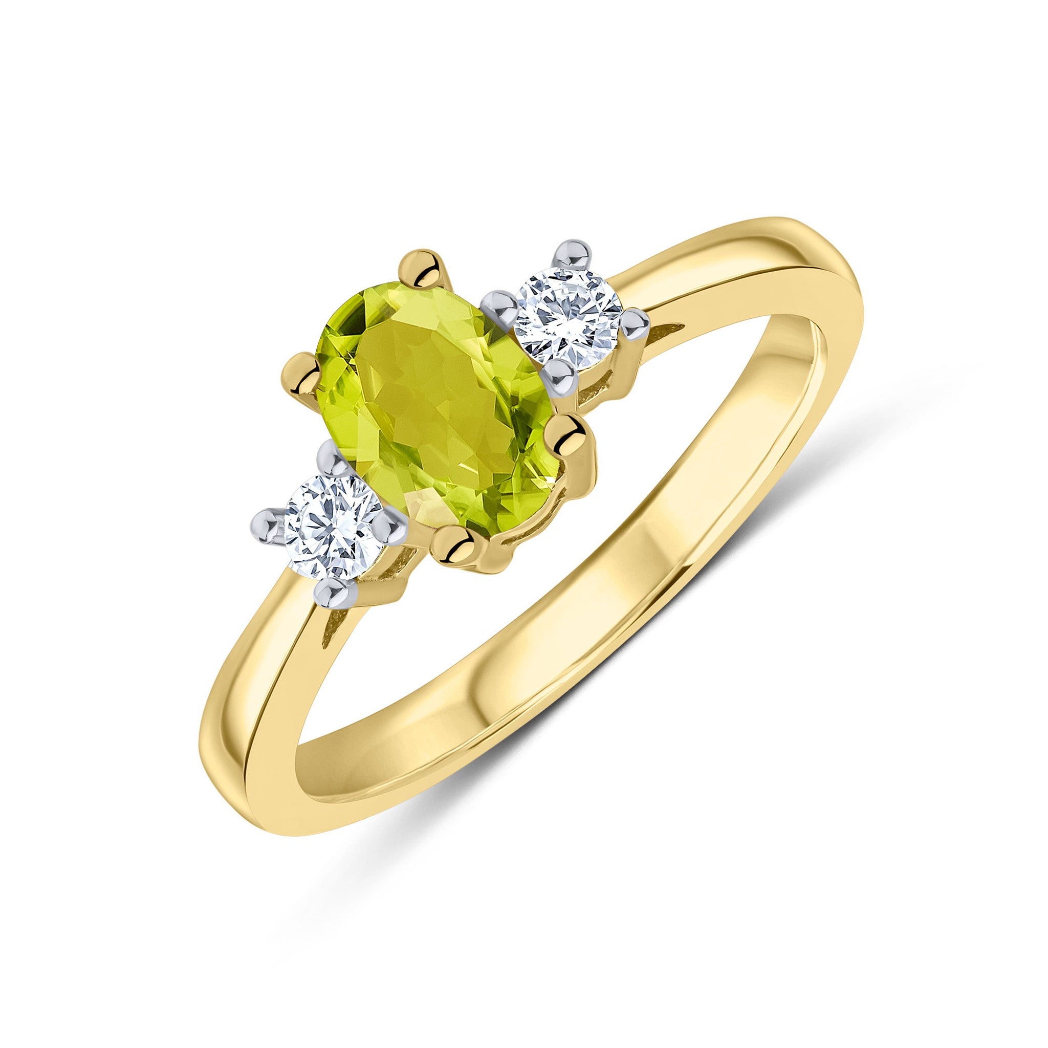 9CT YG 7X5 OVAL PERIDOT AND ROUND DIAMOND CLAW SET 3ST RING. RHODIUM TO DIAMONDS