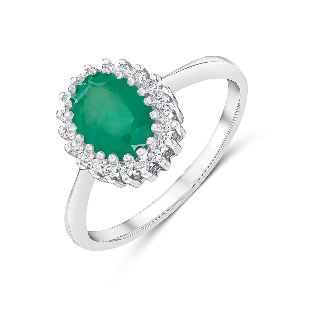 9CT WG 8X6 OVAL EMERALD & DIAMOND CLUSTER CLAW SET RING
