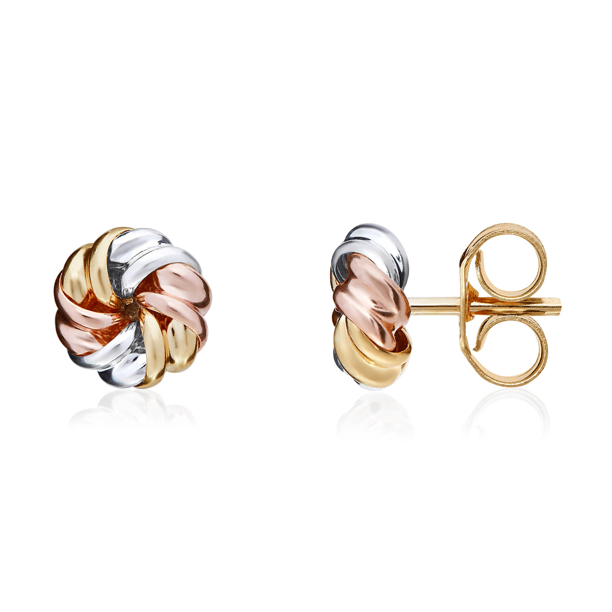 9CT 3 COLOUR GOLD SMALL SWIRL KNOT STUD EARRINGS