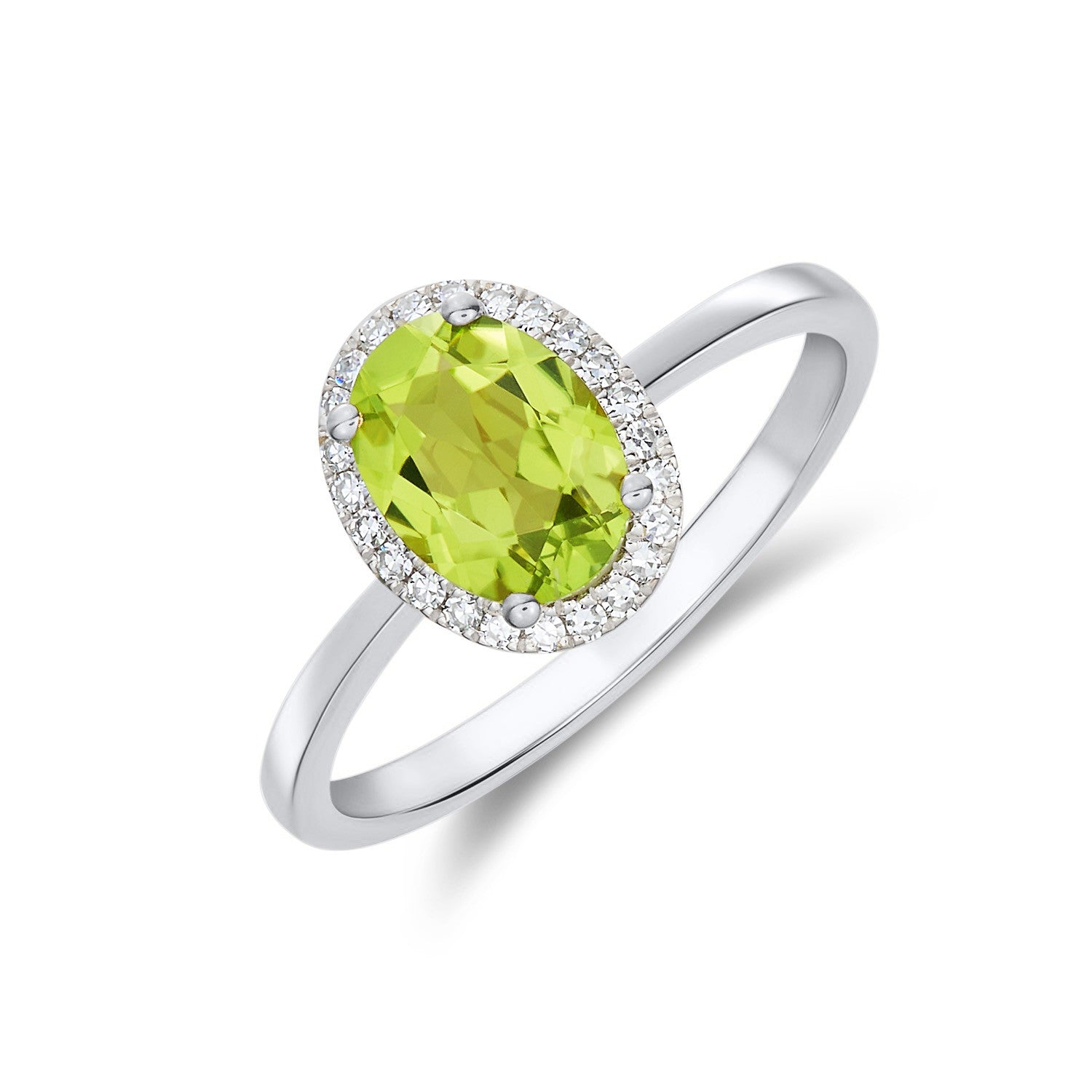 9CT WG 8X6 OVAL PERIDOT AND DIAMOND CLAW SET CLUSTER RING