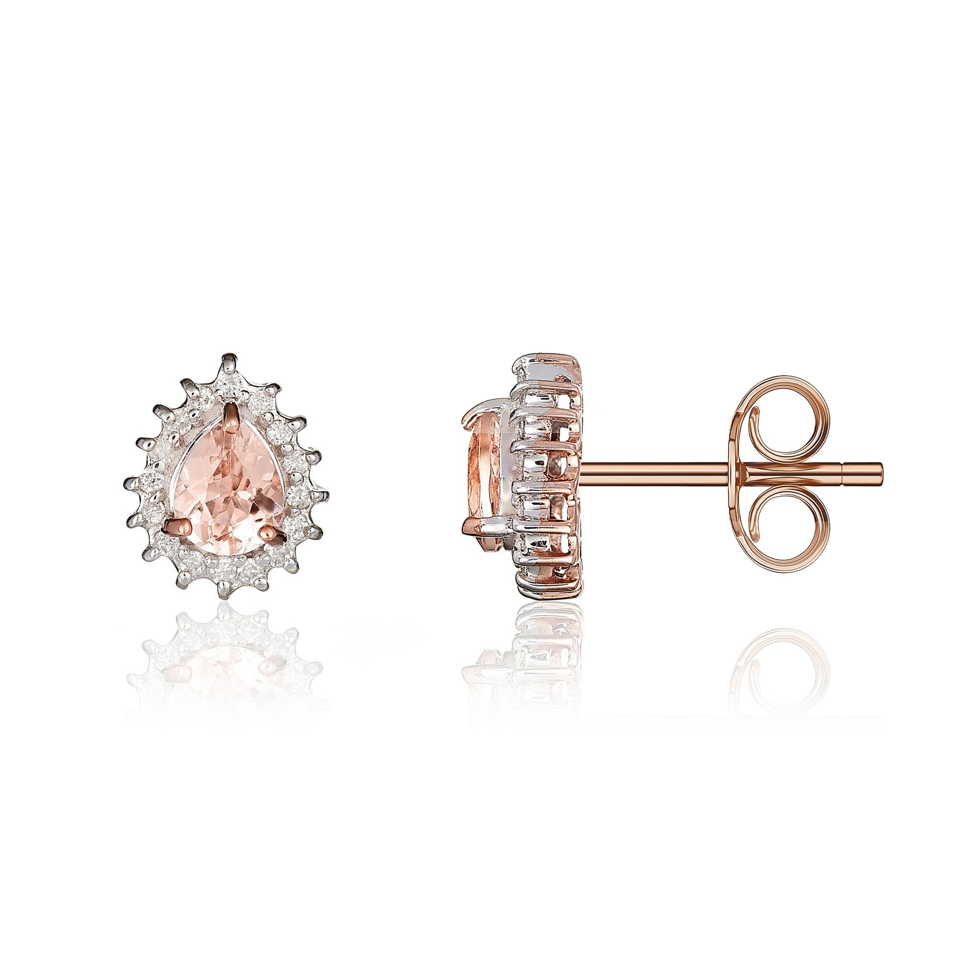 9CT RG 5X4MM PEARSHAPE MORGANITE AND DIAMOND CLAW CLUSTER EARRINGS. RHODIUM TO DIAMONDS