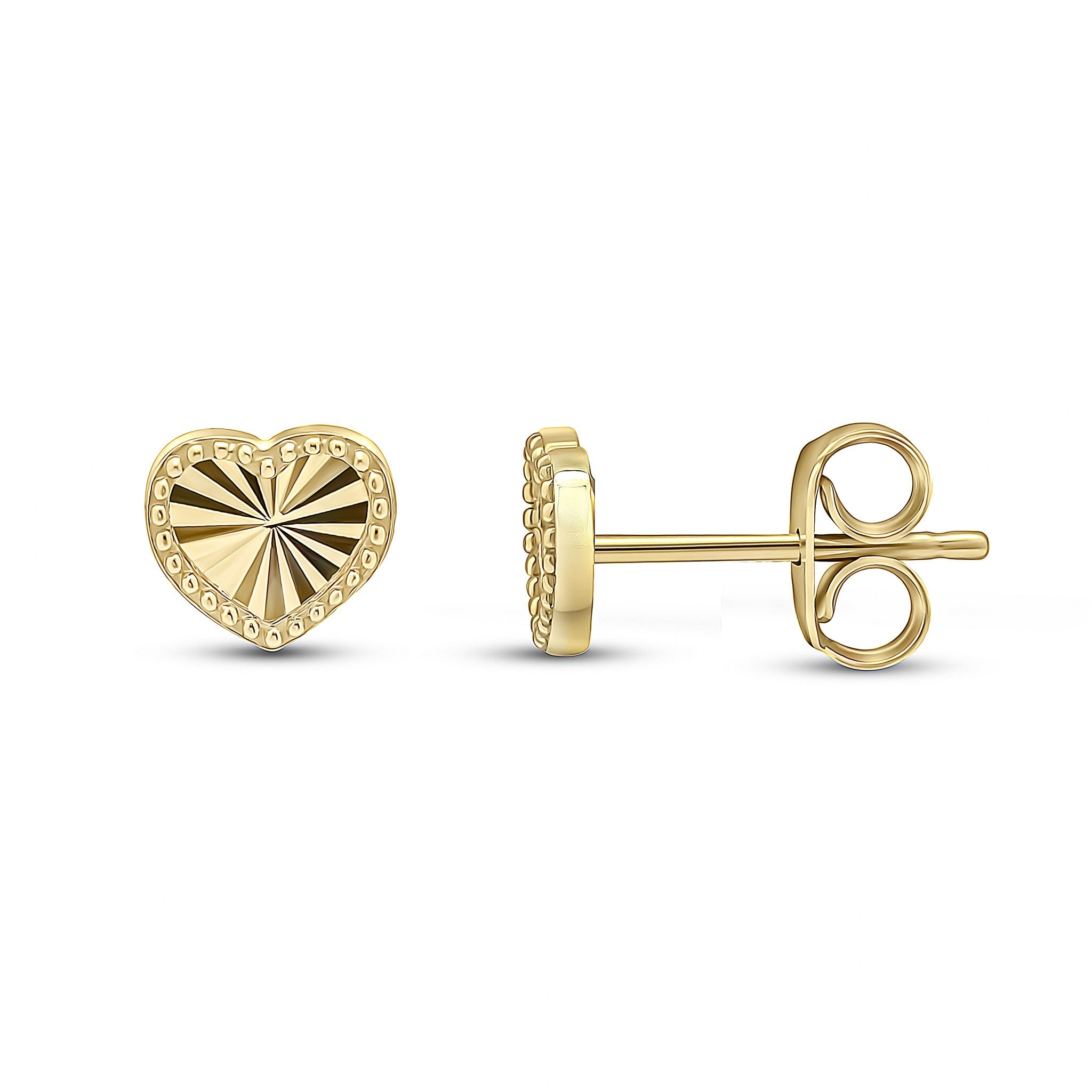 9CT YELLOW GOLD DIAMOND CUT HEART STUD EARRINGS WITH BEADED EDGE. SMALL
