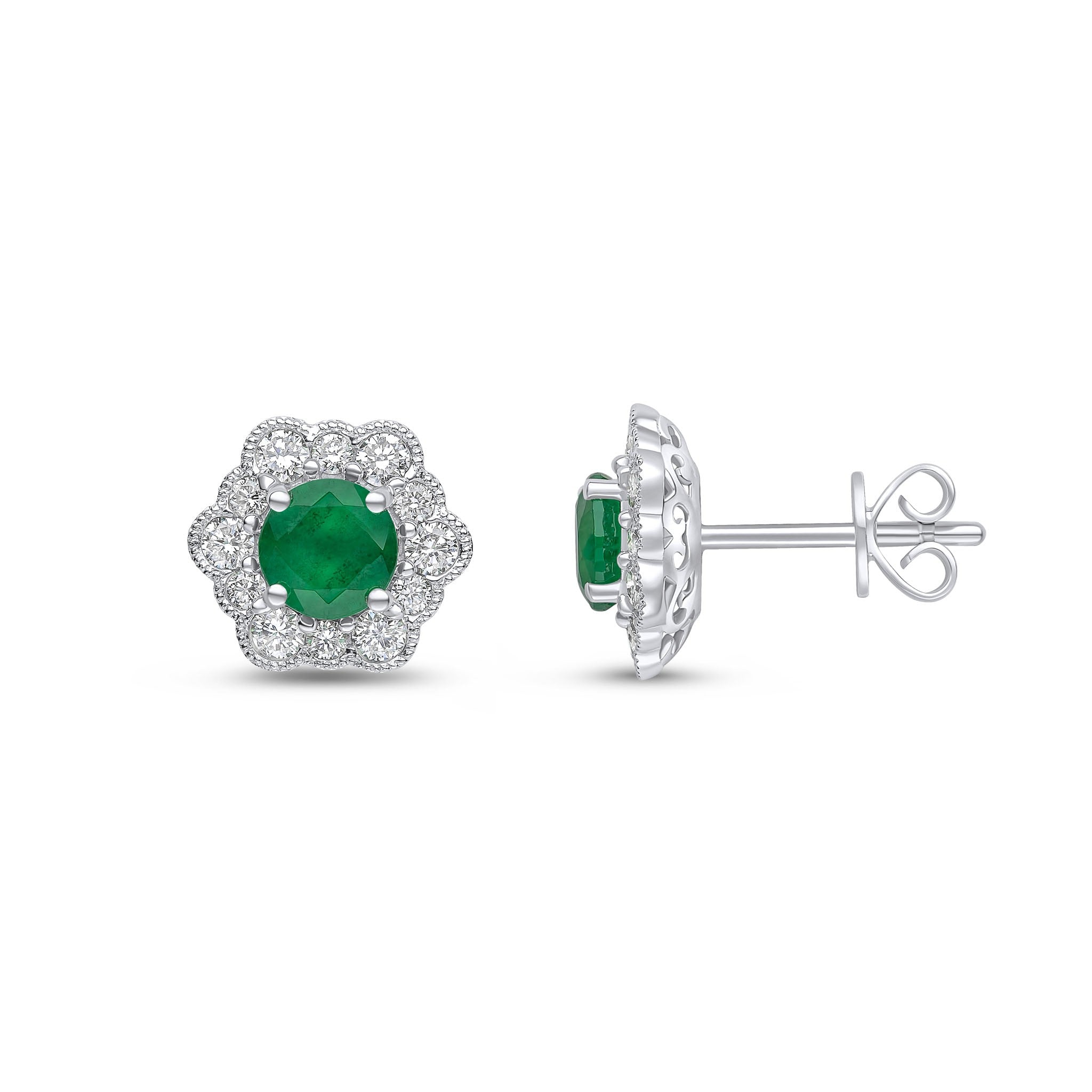 18CT WG 5MM ROUND EMERALD & DIAMOND MILLEGRAIN CLUSTER EARRINGS