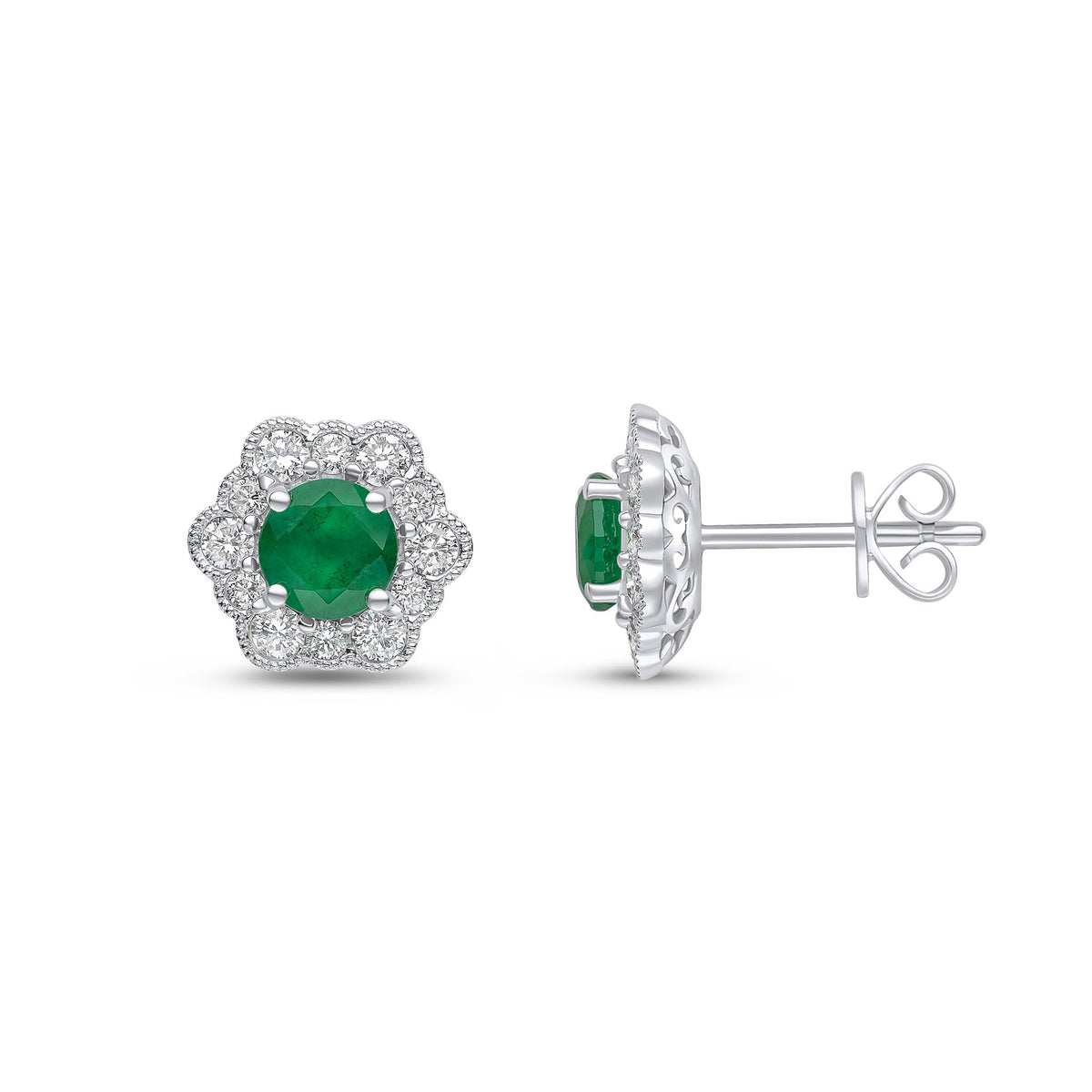 18CT WG 5MM ROUND EMERALD & DIAMOND MILLEGRAIN CLUSTER EARRINGS