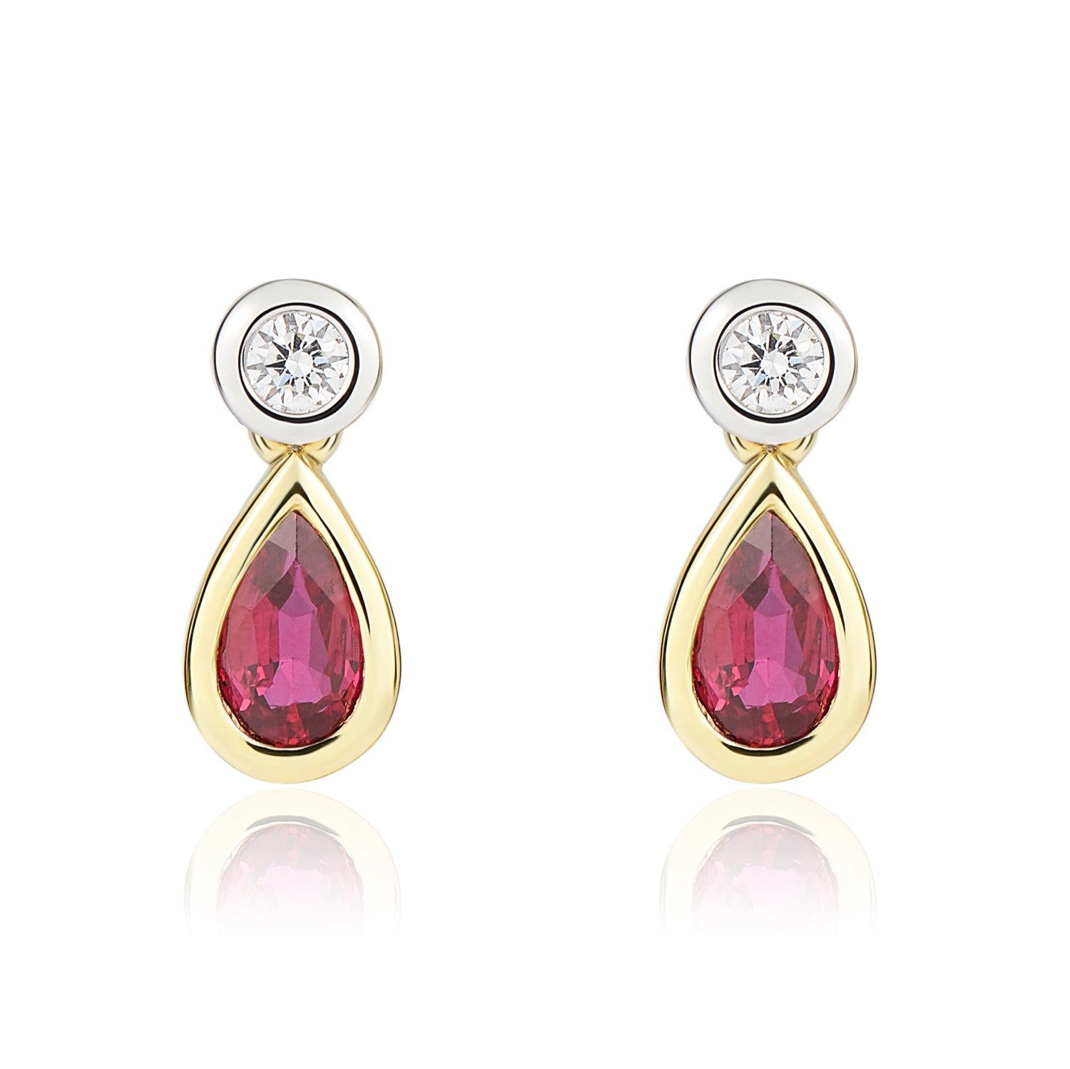 18CT YWG PEARSHAPE RUBY AND ROUND DIAMOND 2ST RUBOVER DROP EARRINGS