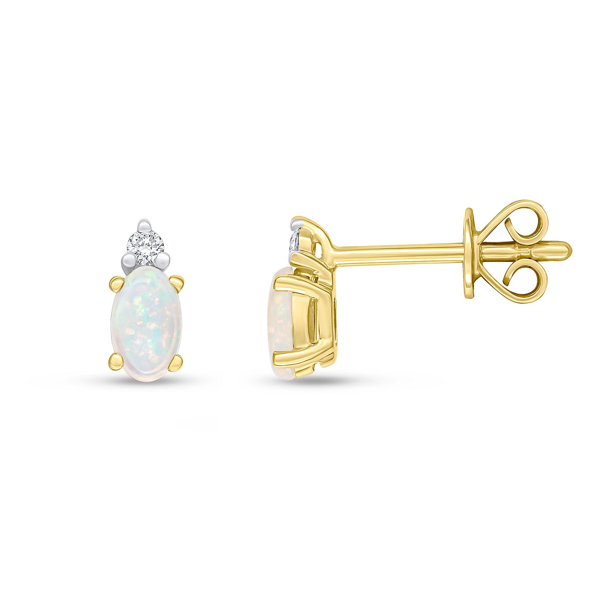18CT YG 5X3 OVAL OPAL AND ROUND DIAMOND 2ST CLAW SET STUD EARRINGS