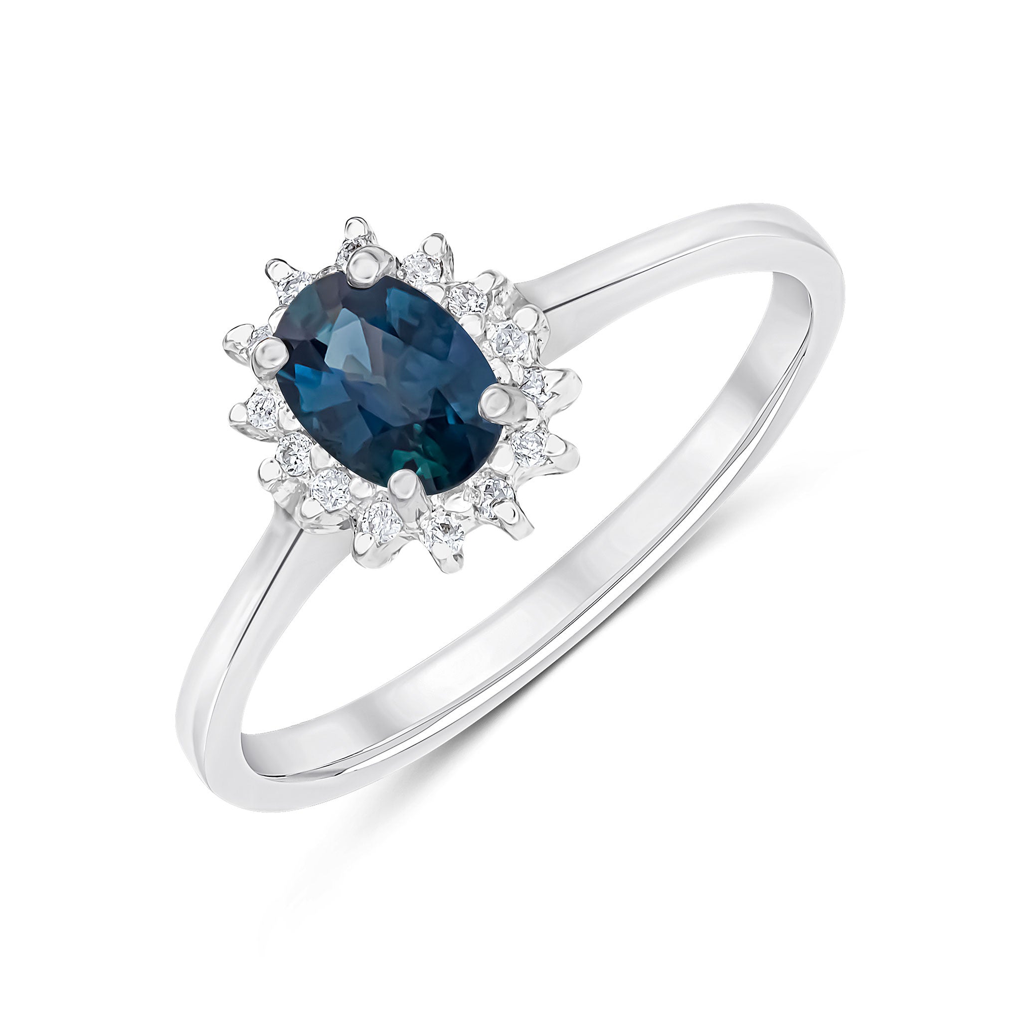 9CT WG 6X4 OVAL SAPPHIRE & DIAMOND CLAW SET CLUSTER RING