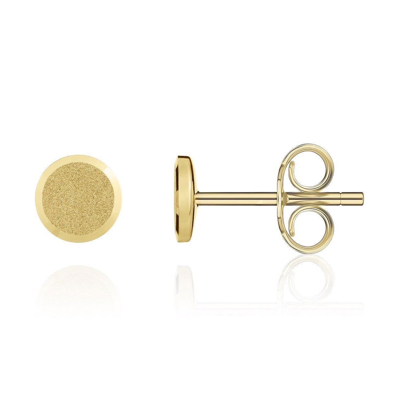 18CT YG SATIN FINISH 6.5MM FLAT DISC STUD EARRINGS WITH POLISHED BEVELLED EDGE
