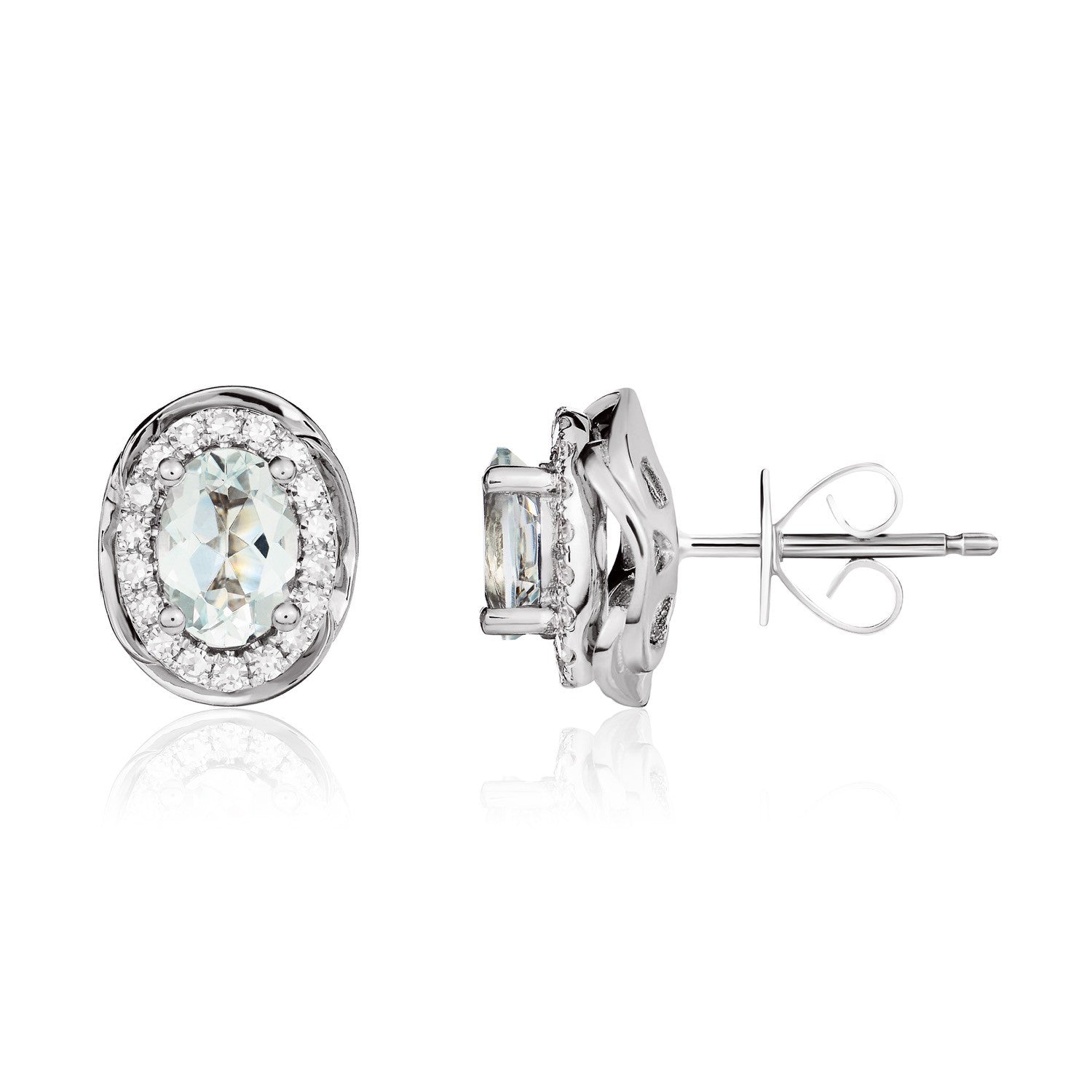 9CT WG 7X5 OVAL AQUA & DIAMOND CLUSTER EARRINGS WITH ROPE EDGE