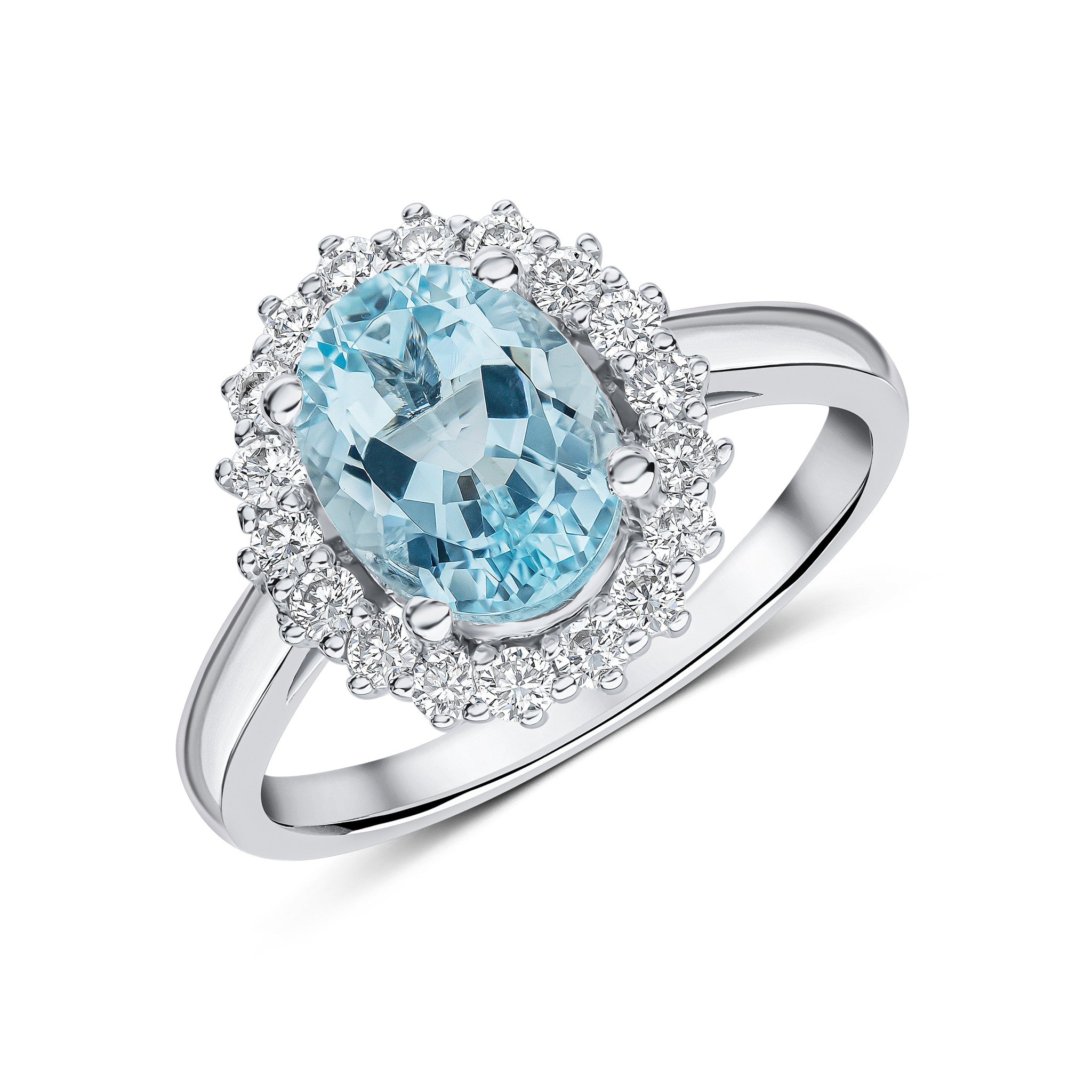 18CT WG 9X7 OVAL AQUA AND DIAMOND CLAW CLUSTER RING