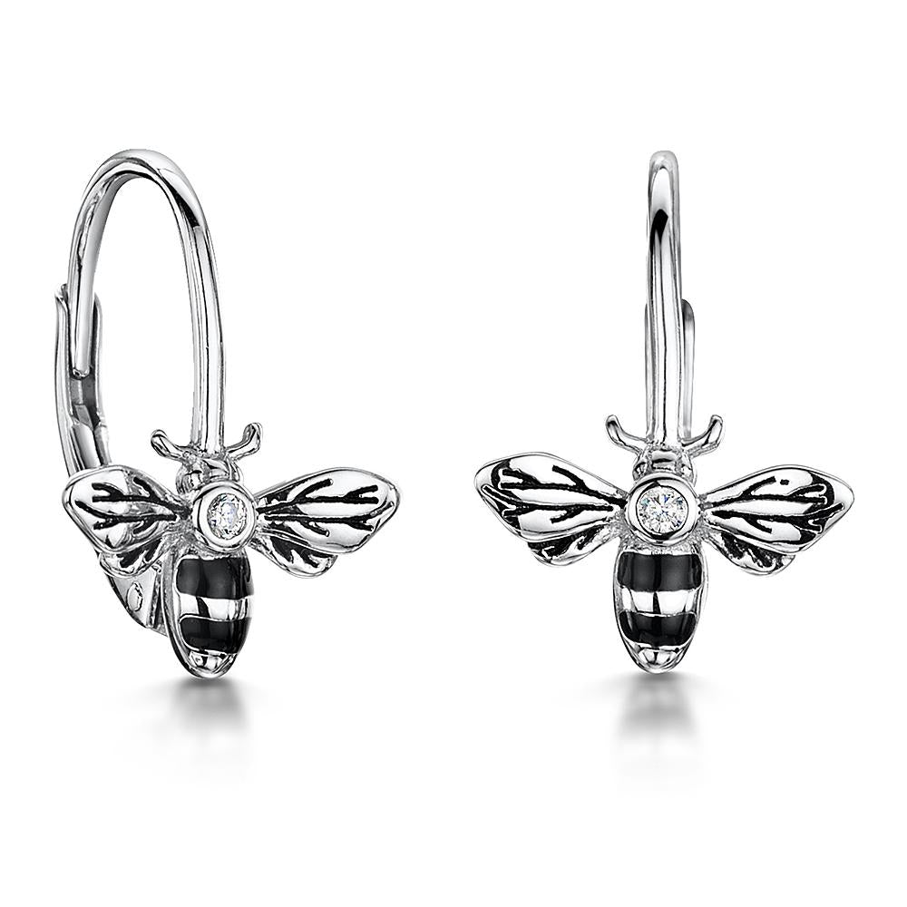 Sterling Silver  Black Enamel Stripe Bumble Bee Earrings