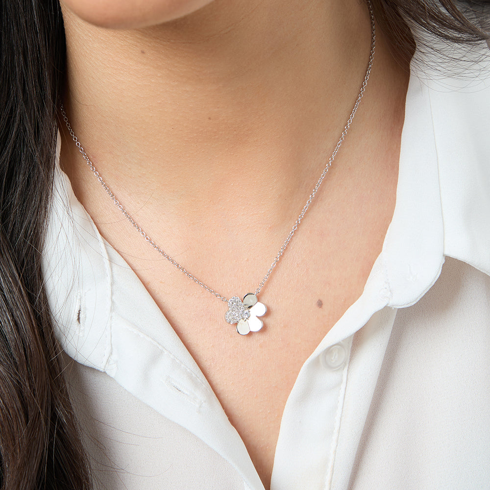 Sterling Silver Flower Pendant With Stone Set Petal