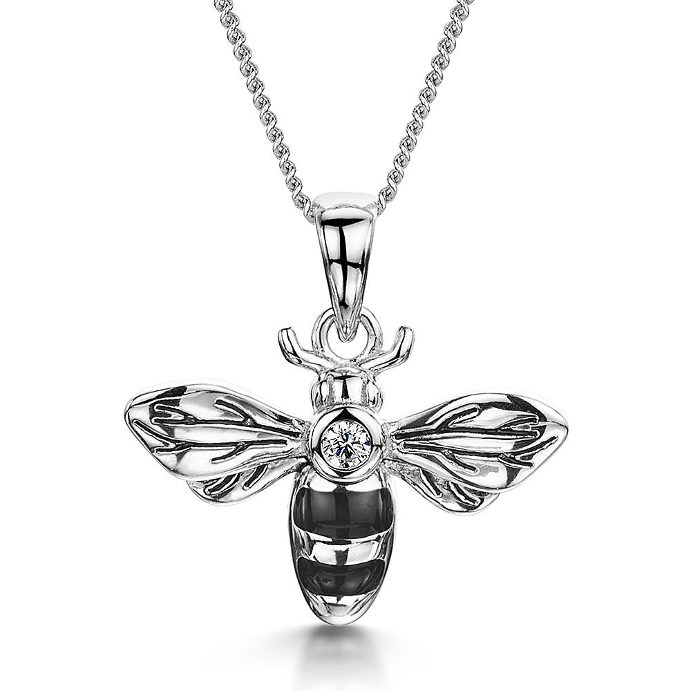 Sterling Silver Black Enamel Striped Bee Necklace