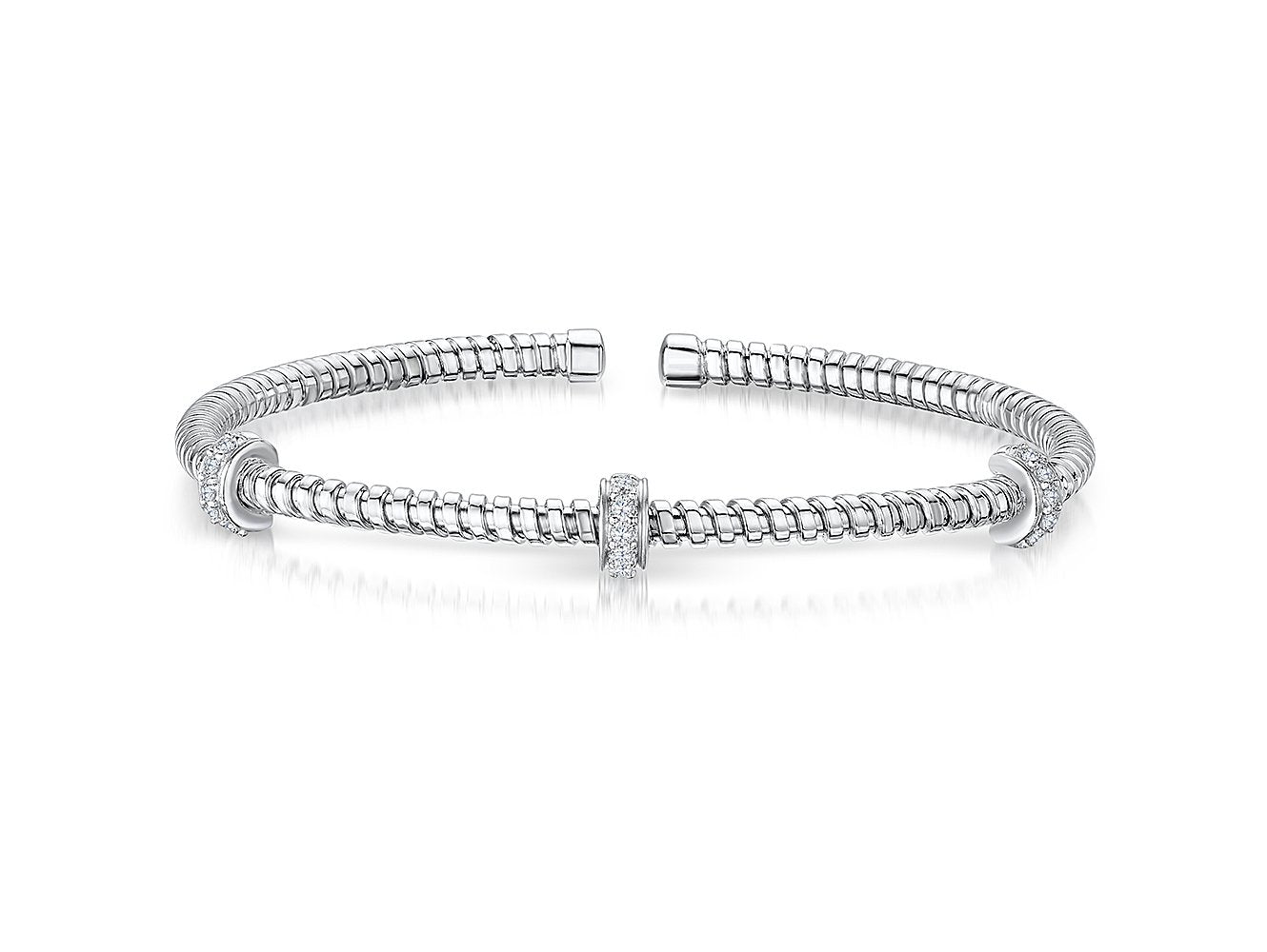 Sterling  Silver  Cuff  Stacking Bangle Set With Cubic Zirconia Wheels