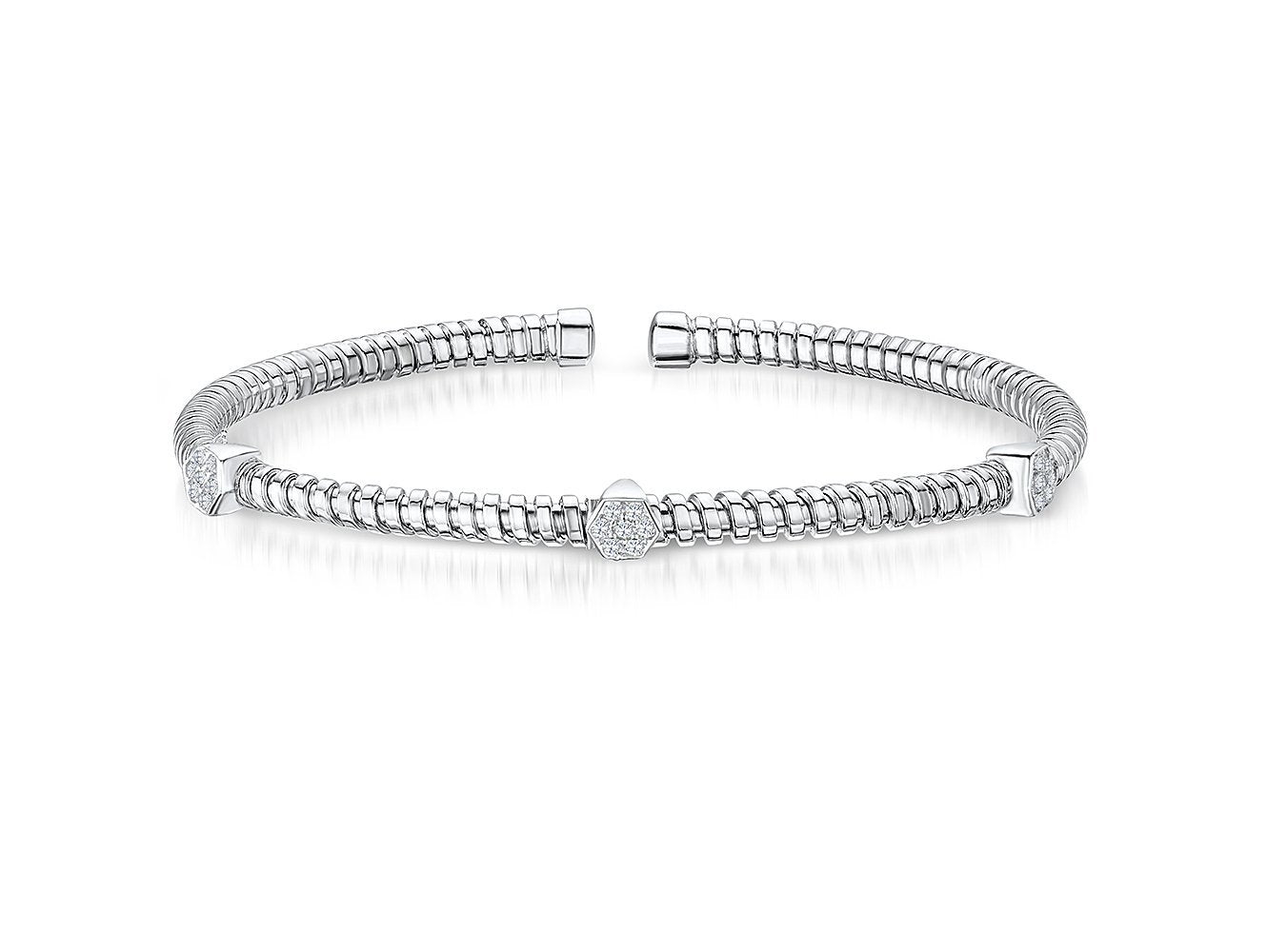 Sterling  Silver  Cuff  Stacking Bangle Set With Three Hexagon Shapes