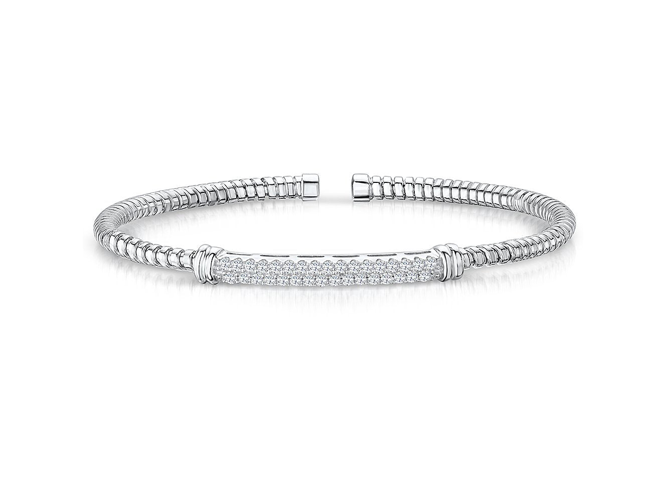 Sterling Silver Cuff Stacking Bangle Set On Top With A Double Row Of Cubic Zirconia StonesBangles - JOOLS By Jenny Brown