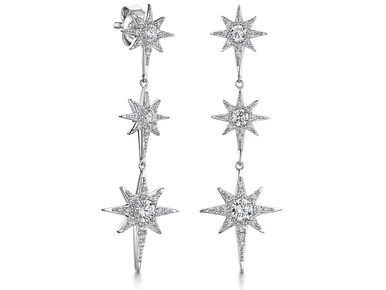 Sterling Silver Triple Starburst Drop Earrings | Premium Cubic Zirconia