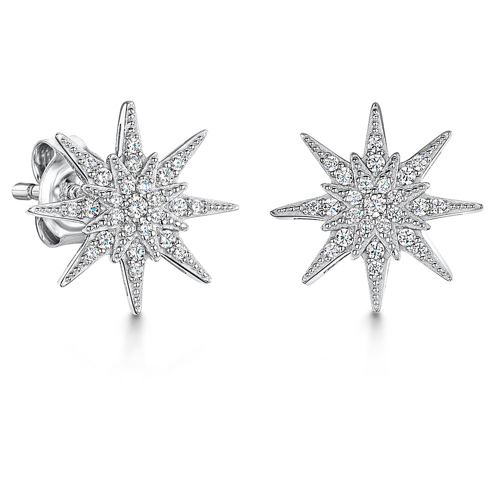 Sterling Silver   Zirconia Double Star Stud Earrings