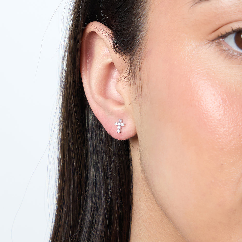 Small Silver & Cubic Zirconia Cross Earrings