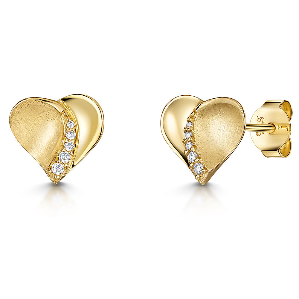Yellow Gold Half Brushed  Heart Stud Earrings