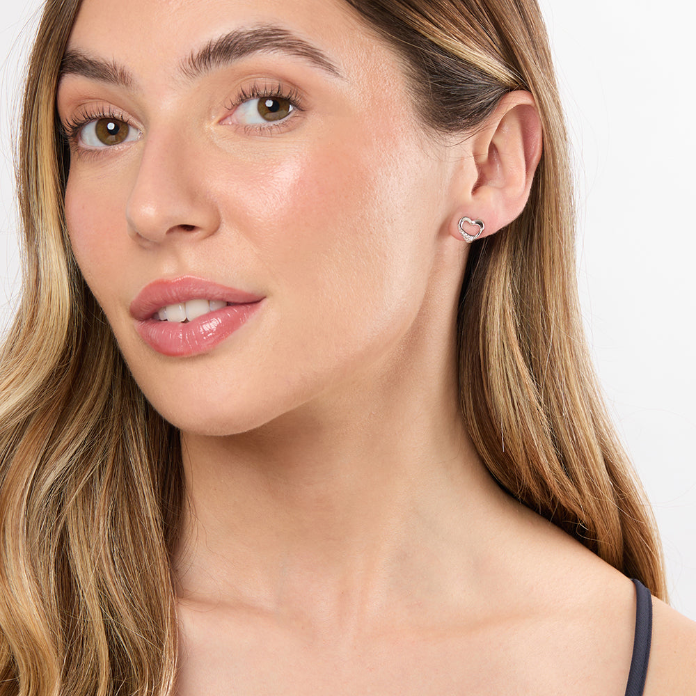 Sterling Silver Half Zirconia Set Heart Earrings
