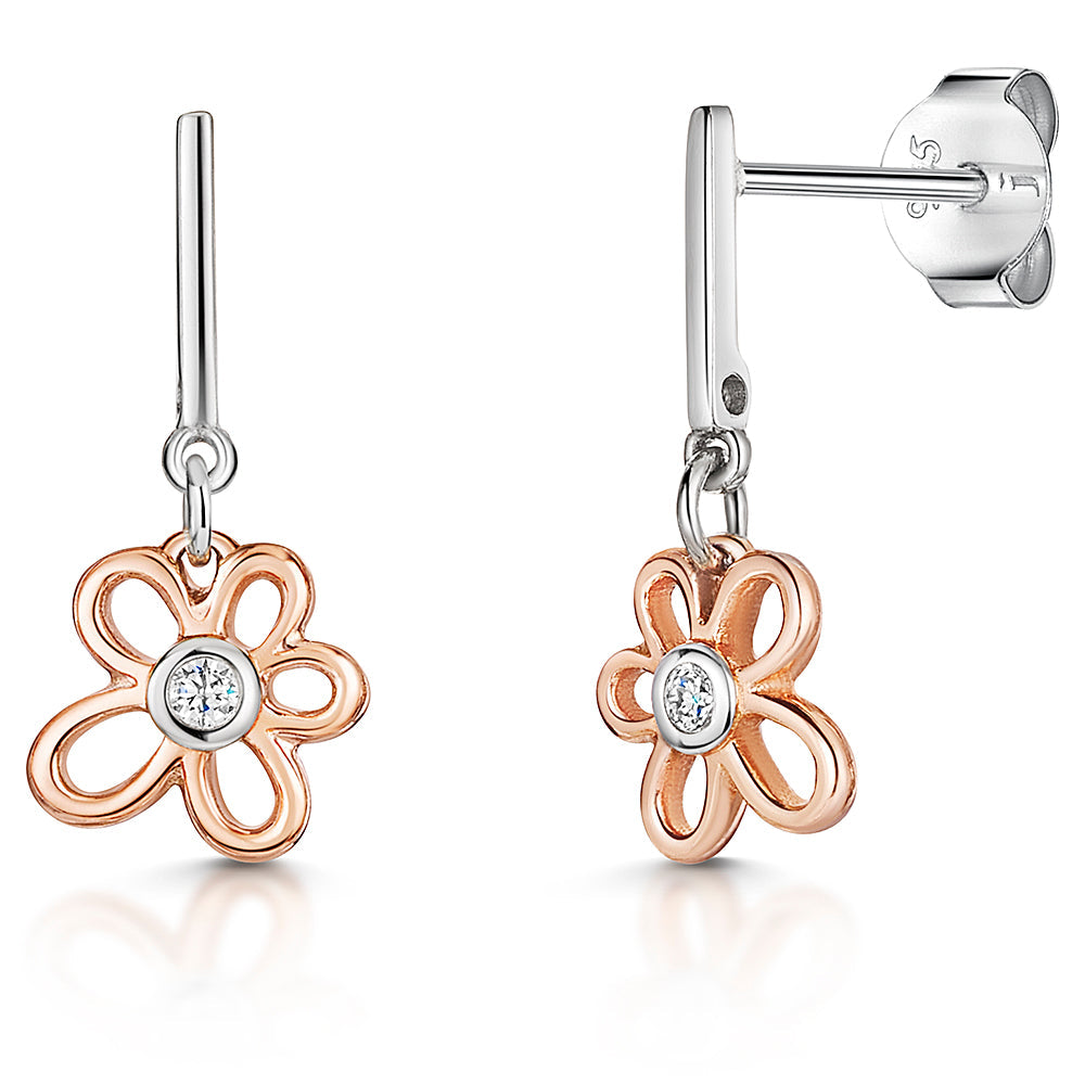 Open Flower Drop Earring With Cubic Zirconia Centres