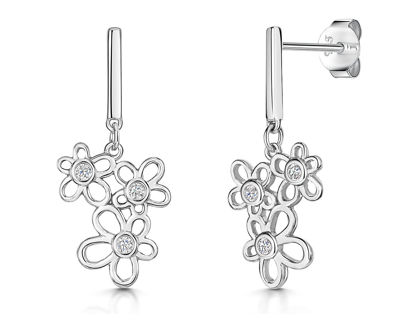 Silver Triple Flower Cubic Zirconia Drop Earrings