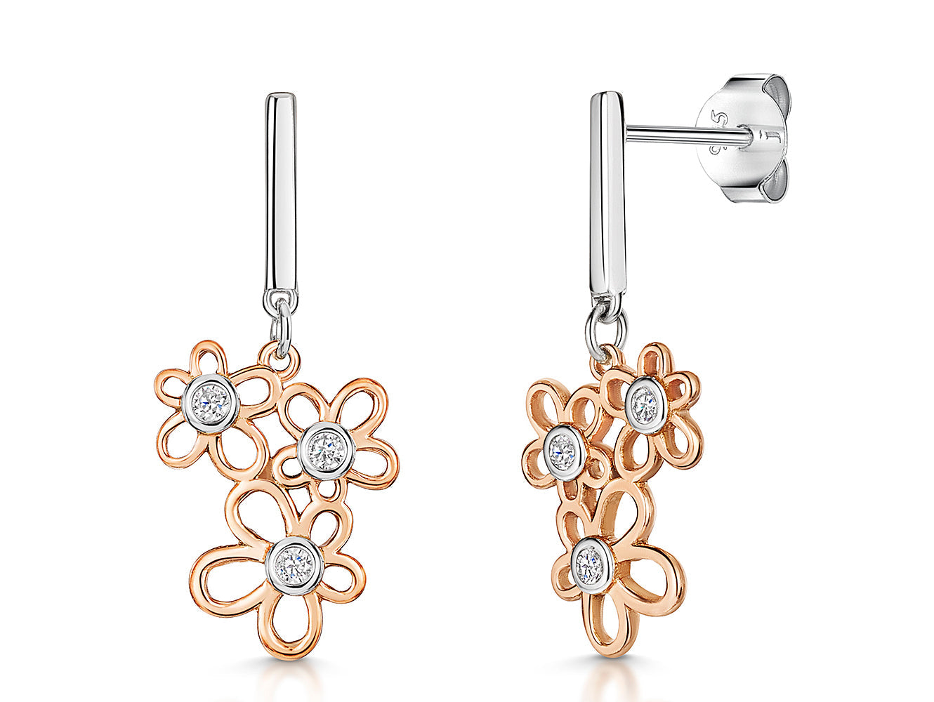 Triple Flower Cubic Zirconia Drop Earrings