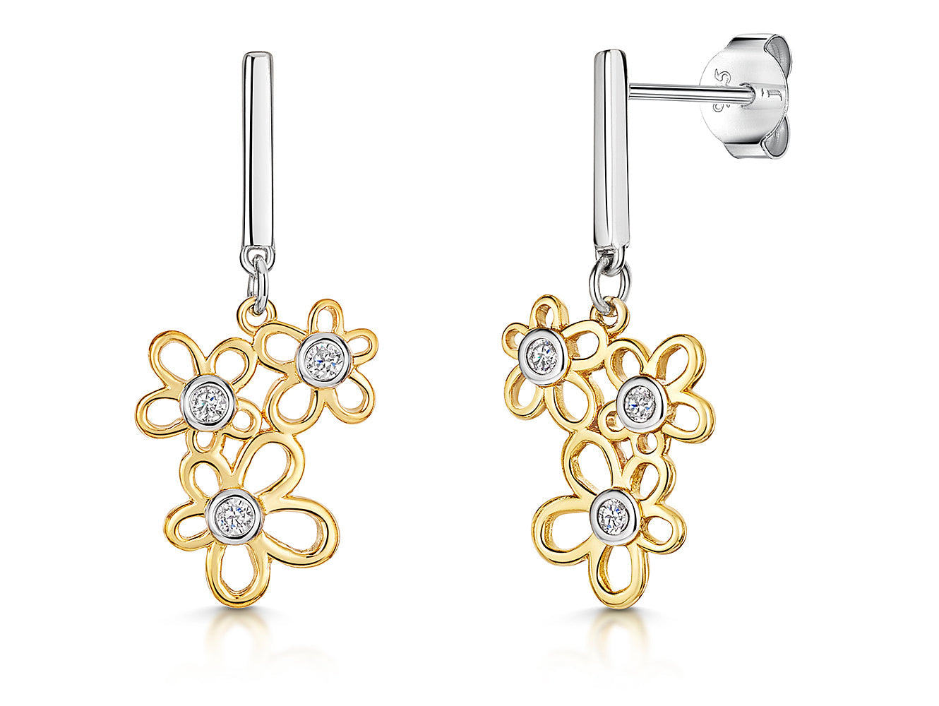 Gold Triple Flower Cubic Zirconia Drop Earrings