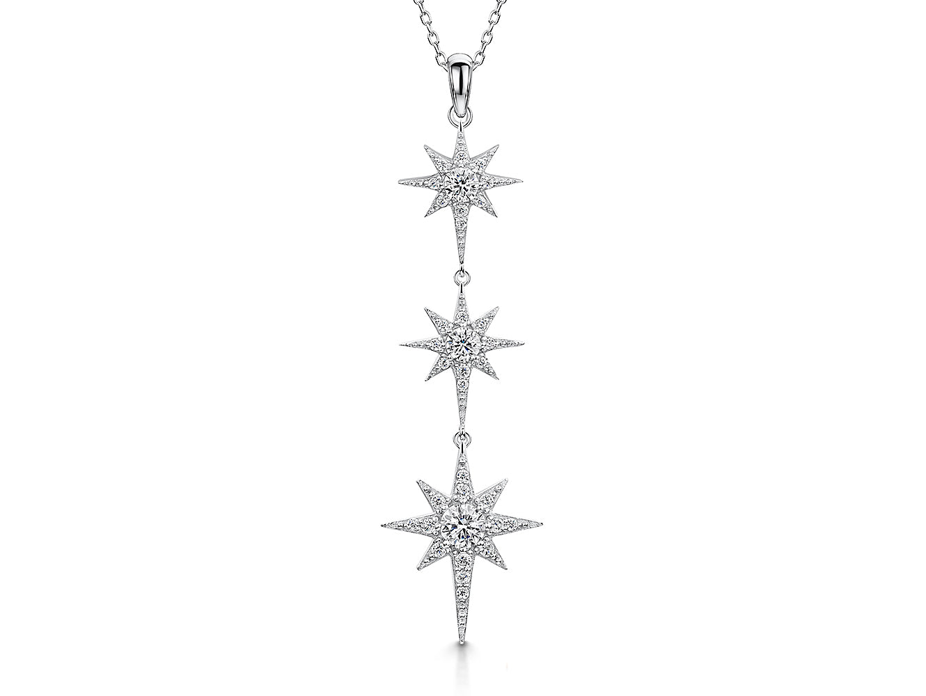 Sterling Silver Three Star Drop  North Star Necklace