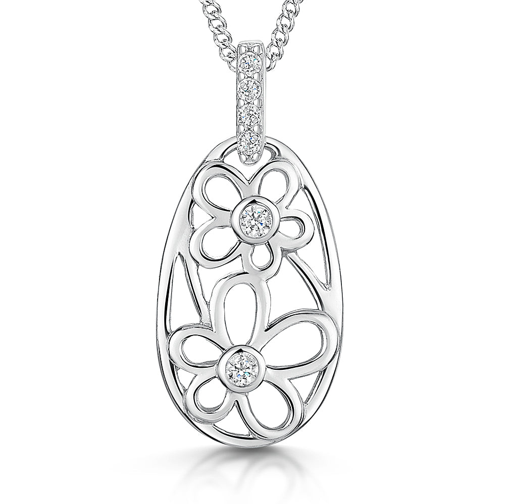 Sterling Silver Oval Pendant Filled With Flowers