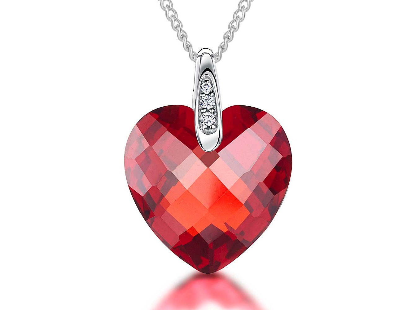 Sterling Silver Red Crystal Heart Pendant Necklace with Cubic Zirconia