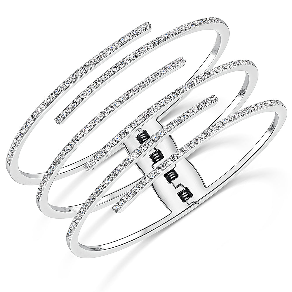 Sterling Silver Wide Cuff Bangle With Cubic Zirconia Strands On A Spring Opening JOOLS by Jenny Brown