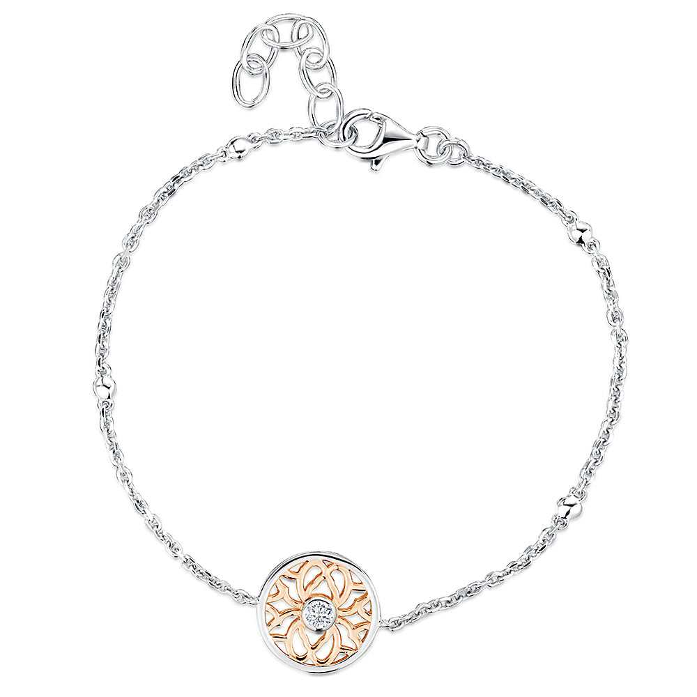 Sterling Silver & Rose Gold Chain Round Patterned Charm Bracelet