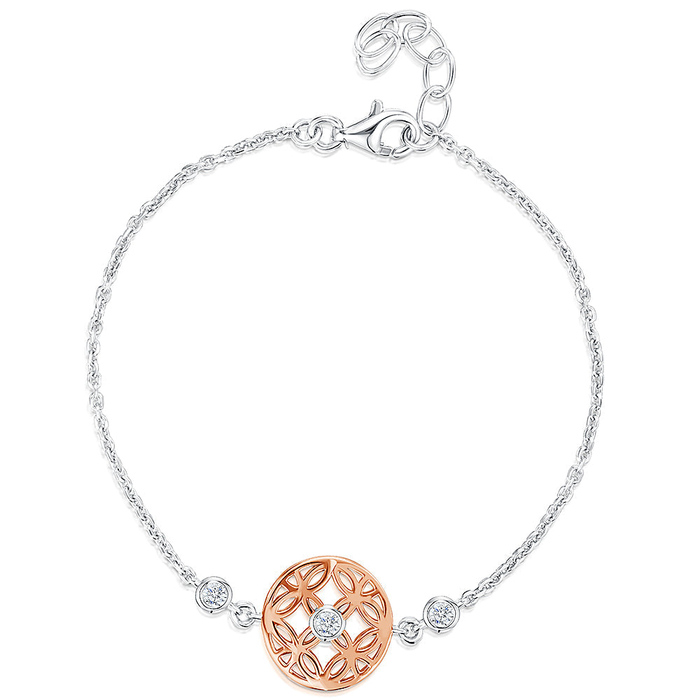 Sterling Silver & Rose Gold Chain Bracelet With Round Charm