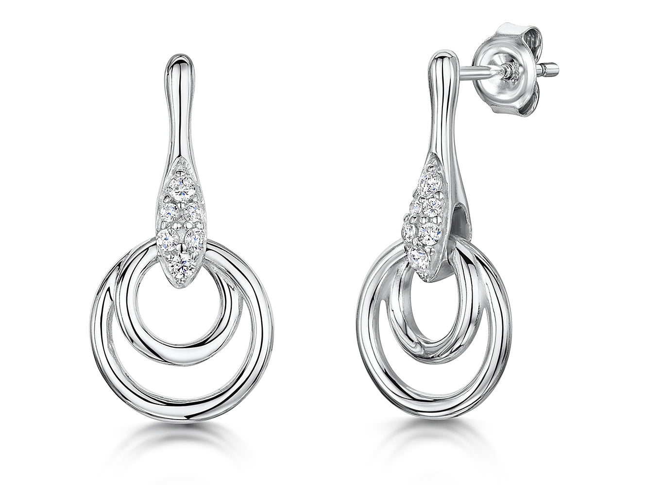 Sterling Silver Drops With Double Circles and Cubic Zirconia