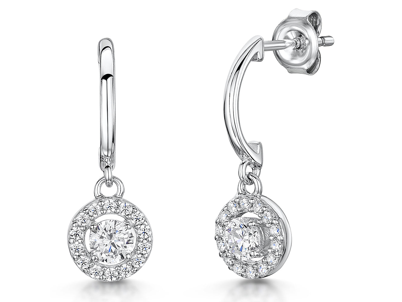 Sterling Silver Halo Half  Hoop Drop Earring