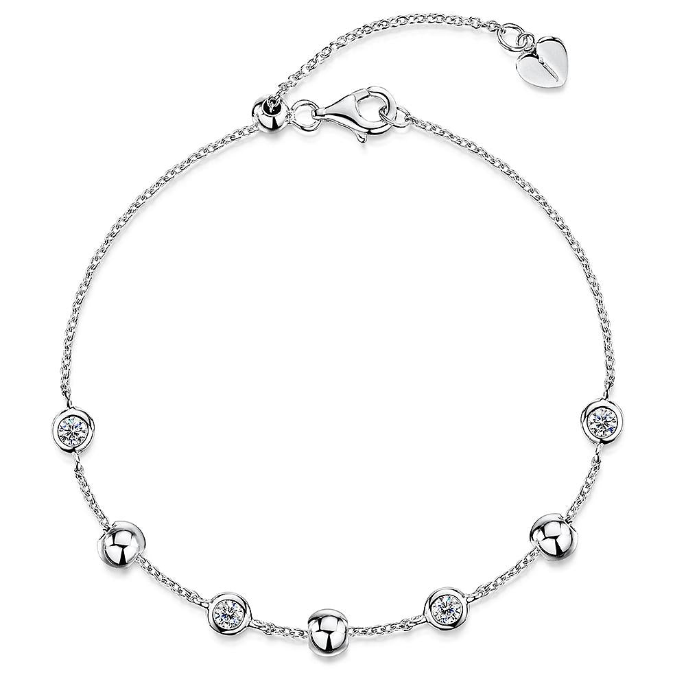 Sterling Silver Bead Bracelet Set  Cubic Zirconia Rub Set Stones