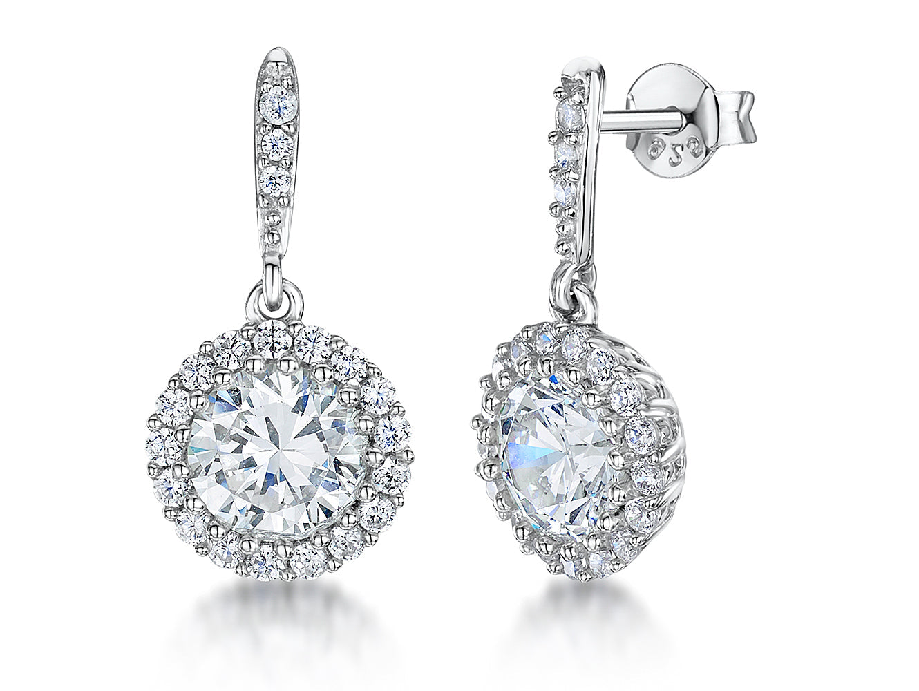 Sterling Silver Round Halo Drop Cubic Zirconia Stud Earrings
