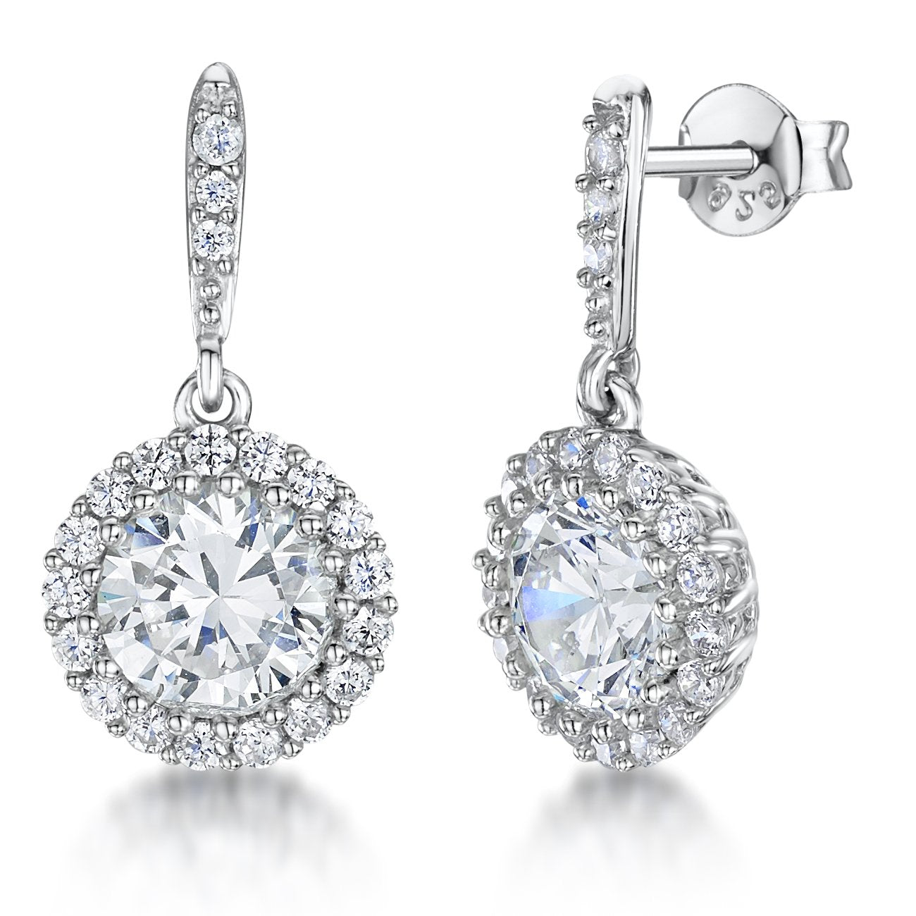 Sterling Silver Round Halo Drop Cubic Zirconia Stud Earrings