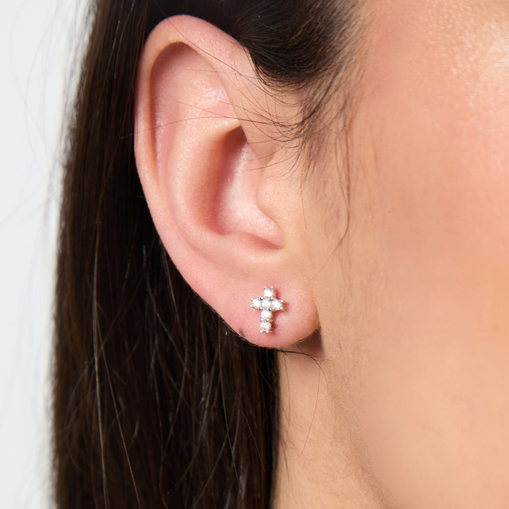 Sterling Silver Small Cubic Zirconia Cross Earrings