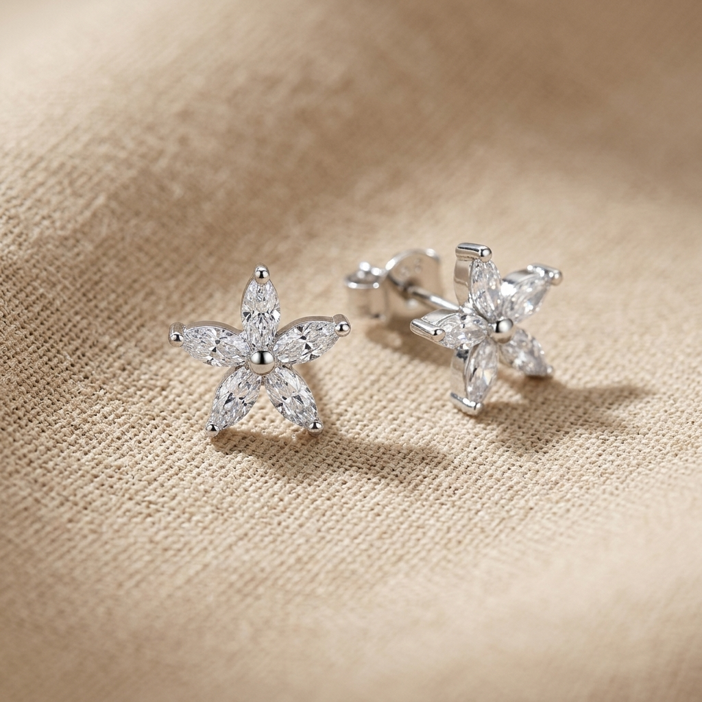 Sterling Silver Marquise Cubic Zirconia Flower Stud Earrings | Silver Blossom Studs