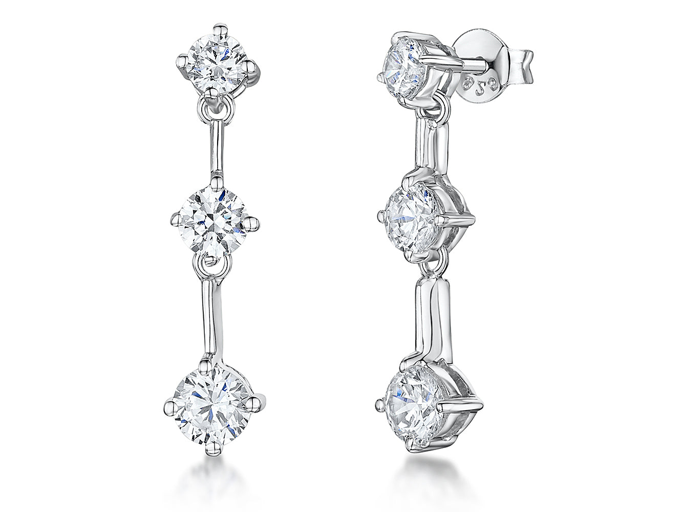 Sterling Silver Three Stone Drop Earrings