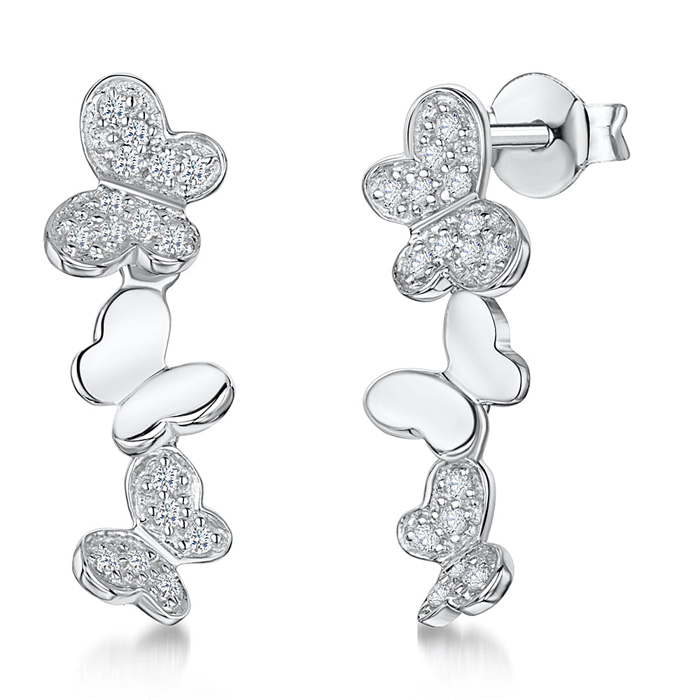 Sterling Silver Butterfly Drop Earrings Set With Cubic Zirconias