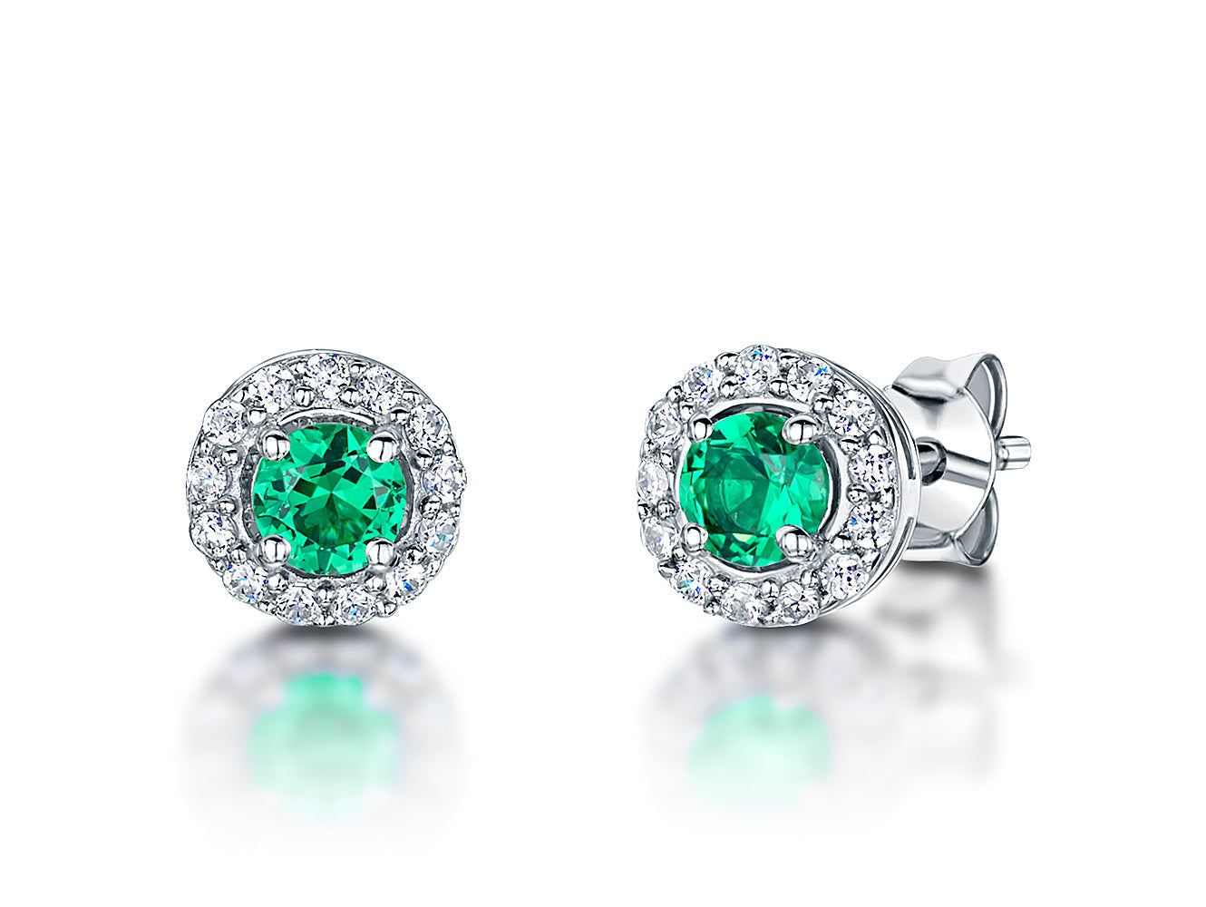 Sterling Silver Emerald Green  Halo Stud  Earrings