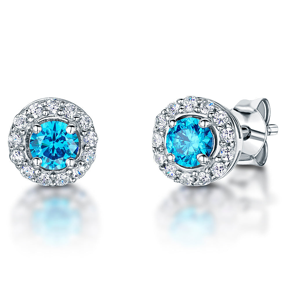 Sterling Silver Turquoise Zirconia Halo Stud  Earrings