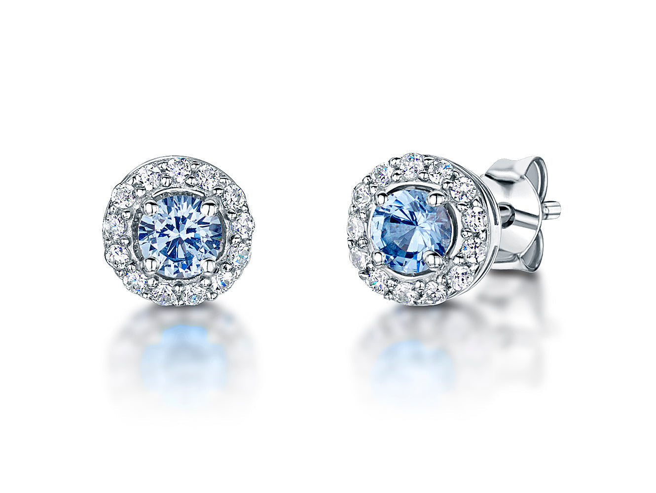 Sterling Silver  Sky Blue Zirconia Halo Stud Earrings
